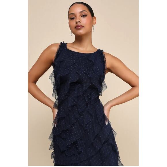 Lulus Blue Mesh Ruffled Swiss Dot Maxi Dress Size: L - Picture 10 of 12